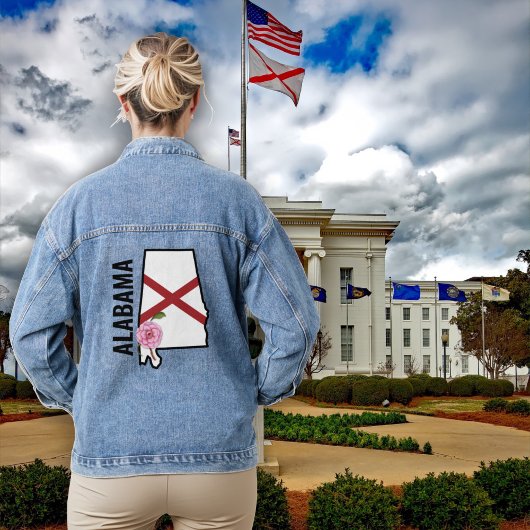 名前をカスタムするアラバマ国旗と州フラワー椿 デニムジャケット