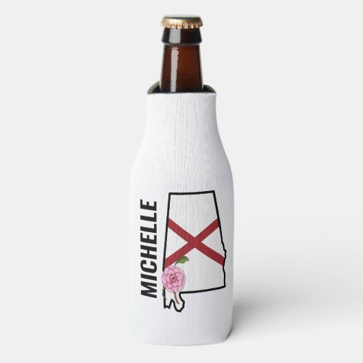 名前をカスタムするアラバマ国旗と州フラワー椿 ボトルクーラー (ボトル正面)