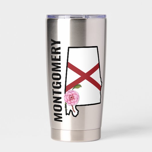 名前をカスタムするアラバマ国旗と州フラワー椿 保温保冷タンブラー (正面)