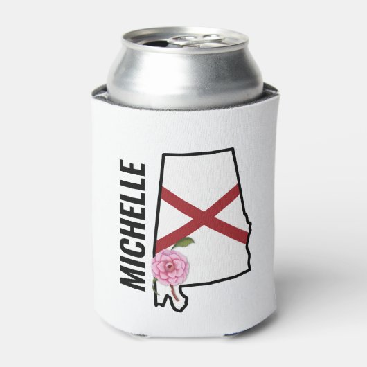 名前をカスタムするアラバマ国旗と州フラワー椿 缶クーラー (缶正面)