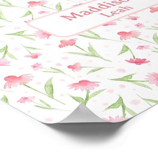 名前をカスタムするアートウォーターカラーフローラピンク子供部屋 ポスター (角)