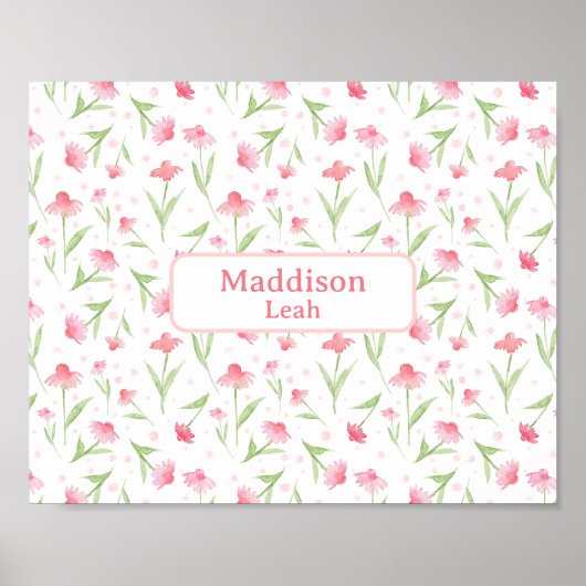 名前をカスタムするアートウォーターカラーフローラピンク子供部屋 ポスター (正面)