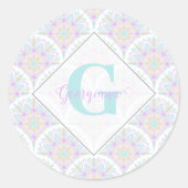 名前をカスタムするアールデコパステルレインボーフローラマンダラ ラウンドシール (正面)