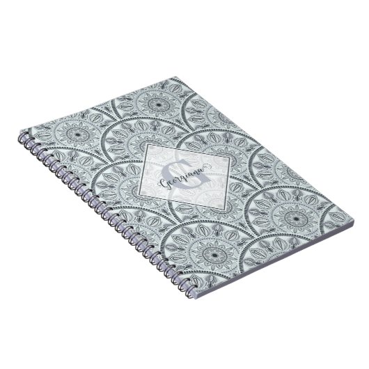 名前をカスタムするアールデコフローラ調和グレーマンダラ ノートブック (右側)