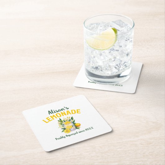 名前をカスタムするイエローグリーンレモネードサマーパーティー スクエアペーパーコースター (インサイチュ)