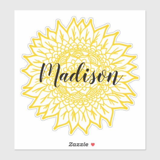 名前をカスタムするイエローサンフラワーマンダラ シール (シート)