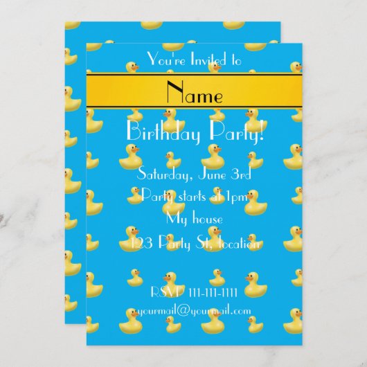 名前をカスタムするイエローストライプスカイブルーゴムダック 招待状 (正面/裏面)