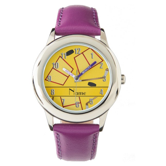 名前をカスタムするイエローホッケーのスティックの網 腕時計 (正面)