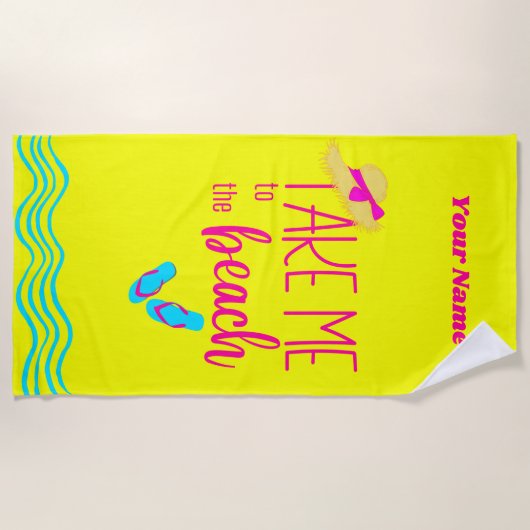 名前をカスタムするイエローモダンサマーホリデイ ビーチタオル (正面)