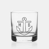 名前をカスタムするイニシャルシンプルブラック航海のいかり ウイスキーグラス (正面)