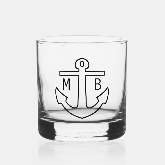 名前をカスタムするイニシャルシンプルブラック航海のいかり ウイスキーグラス (正面)
