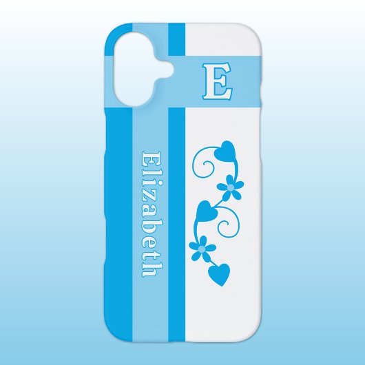 名前をカスタムするイニシャル花ハート青 iPhoneケース