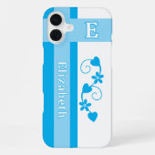 名前をカスタムするイニシャル花ハート青 iPhoneケース (裏面)