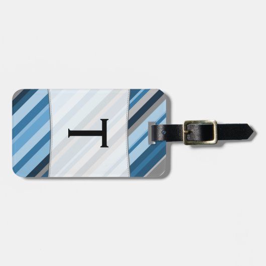 名前をカスタムするイニシャル+青とグレーのストライプ ラゲッジタグ (正面横)
