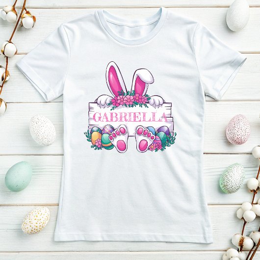 名前をカスタムするイースターティー、かわいいバニー&エッグ Tシャツ