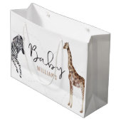 名前をカスタムするウォーターカラーサファリ動物ベビーシャワー ラージペーパーバッグ (正面アングル)