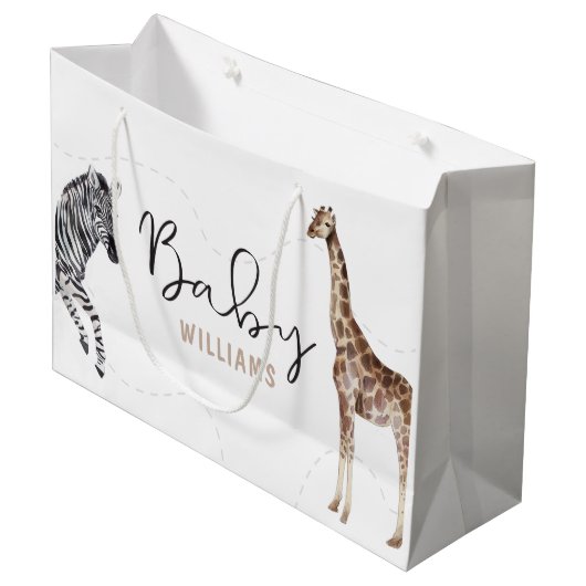 名前をカスタムするウォーターカラーサファリ動物ベビーシャワー ラージペーパーバッグ (正面アングル)