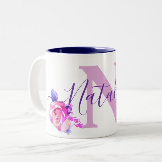 名前をカスタムするウォーターカラーパープルバラフローラナタリア ツートーンマグカップ (正面左)