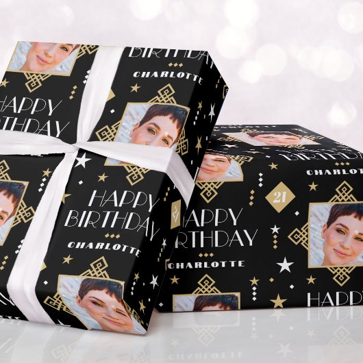 名前をカスタムするエイジフォトアールデコ誕生日ブラック ラッピングペーパー