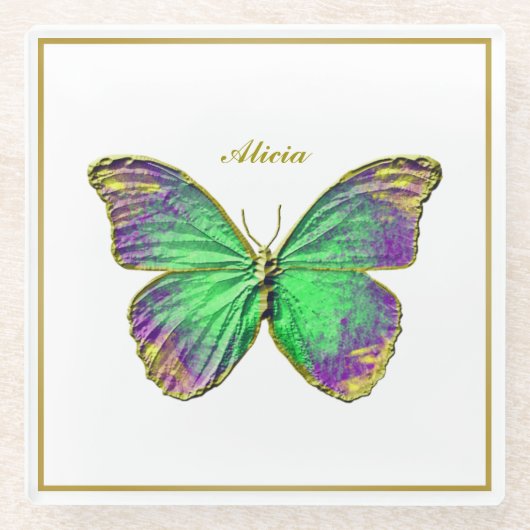 名前をカスタムするエメラルドバタフライガラスコースター ガラスコースター (正面)