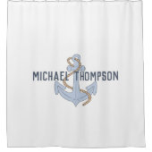 名前をカスタムするエレガントミニマルいかりホワイトブルー シャワーカーテン (正面)