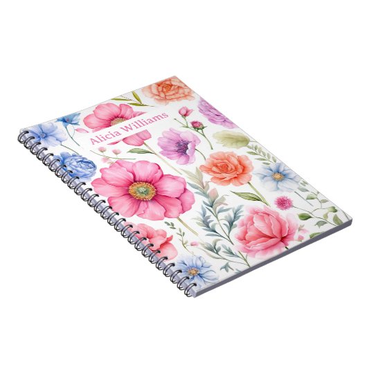名前をカスタムするエレガント水彩花模様 ノートブック (右側)