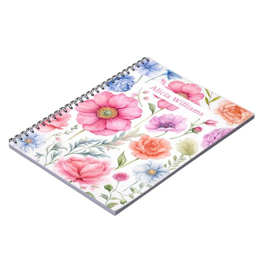 名前をカスタムするエレガント水彩花模様 ノートブック (左側)