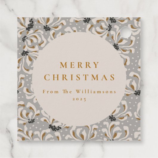 名前をカスタムするエレガント金ゴールドグレーフローラクリスマス フェイバータグ (裏面)