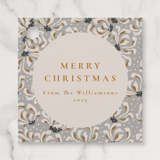 名前をカスタムするエレガント金ゴールドグレーフローラクリスマス フェイバータグ (正面)