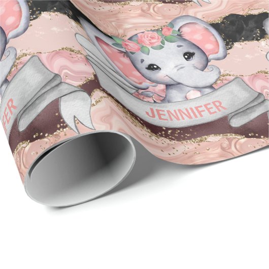 名前をカスタムするエレファントベビーガール金ゴールドグリッターピンク ラッピングペーパー (ロールコーナー)