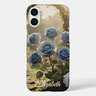 名前をカスタムするエンチャントブルーバラロマンチックフローラ iPhone 16 PLUSケース