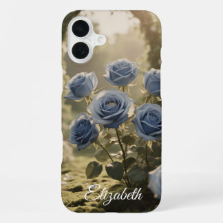 名前をカスタムするエンチャントブルーバラロマンチックフローラ iPhone 16 PLUSケース