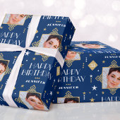 名前をカスタムするエージフォトアールデコ誕生日ブルー ラッピングペーパー