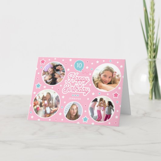 名前をカスタムするエージフォトコラージュ誕生日スターズピンク カード (正面)
