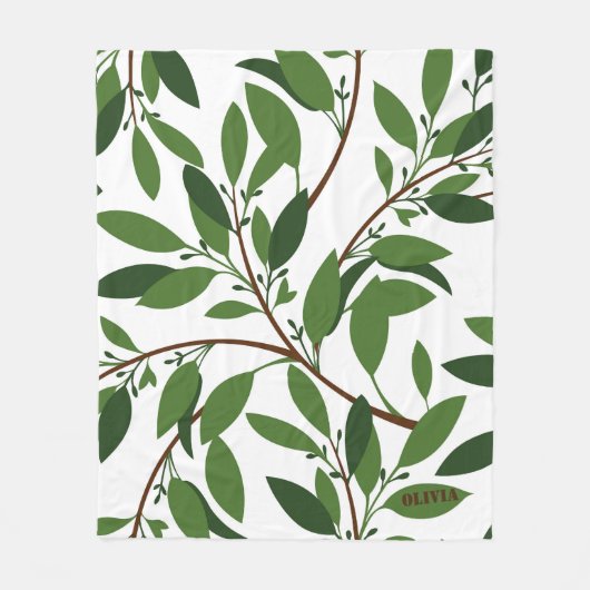 名前をカスタムするオリーブブランチパターンホワイトグリーンリーフ フリースブランケット (正面)