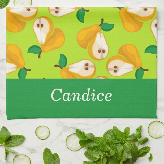 名前をカスタムするオレンジの梨の緑 キッチンタオル (折り畳み)