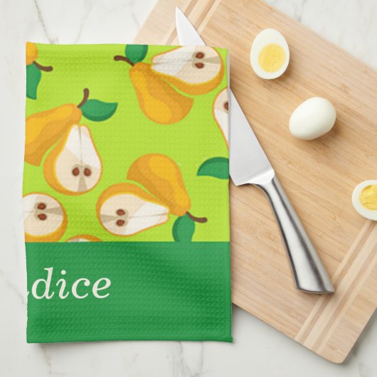 名前をカスタムするオレンジの梨の緑 キッチンタオル (四つ折り)