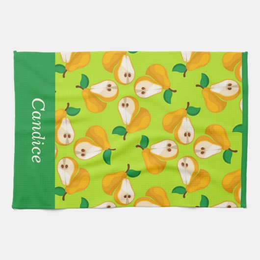 名前をカスタムするオレンジの梨の緑 キッチンタオル (横)