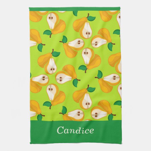 名前をカスタムするオレンジの梨の緑 キッチンタオル (縦)