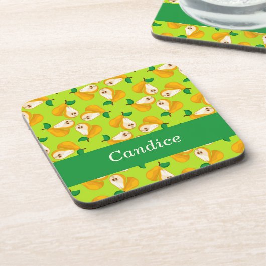 名前をカスタムするオレンジの梨の緑 コースター (左側)