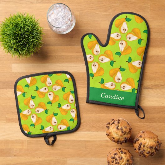 名前をカスタムするオレンジの梨の緑 鍋つかみ&鍋敷きセット (トップダウン)
