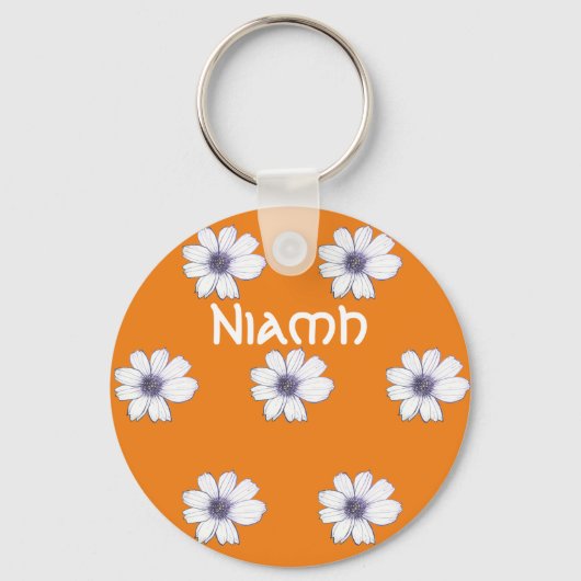 名前をカスタムするオレンジ色の花柄ボタンキーリング キーホルダー (正面)