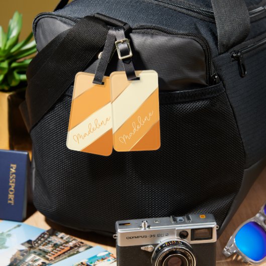 名前をカスタムするオンかわいらしサマーイエローオレンジストライプ色 ラゲッジタグ (正面&裏面)