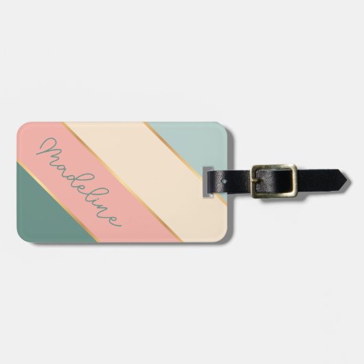 名前をカスタムするオンコーラル赤面ミントグリーンアイボリーストライプ ラゲッジタグ (正面横)