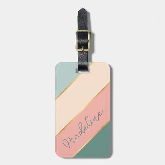 名前をカスタムするオンコーラル赤面ミントグリーンアイボリーストライプ ラゲッジタグ (正面縦)