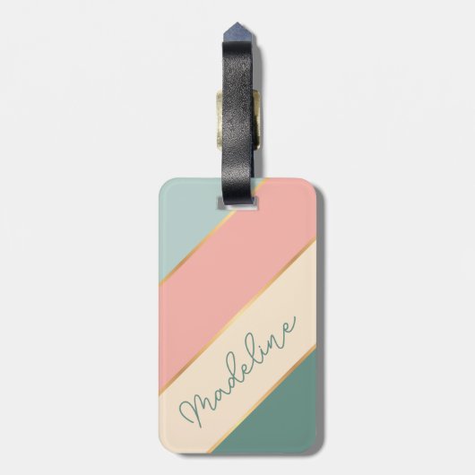 名前をカスタムするオンコーラル赤面ミントグリーンアイボリーストライプ ラゲッジタグ (裏面縦)