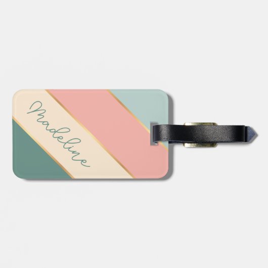 名前をカスタムするオンコーラル赤面ミントグリーンアイボリーストライプ ラゲッジタグ (裏面横)