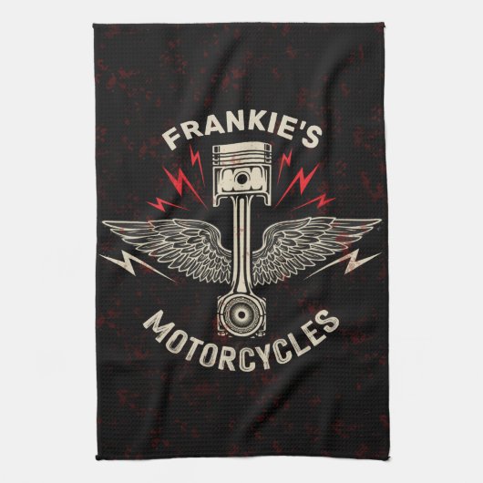 名前をカスタムするオートバイピストンウイングバイクもしくは自転車に乗る人車庫 キッチンタオル (縦)