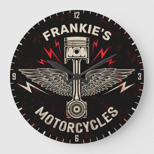 名前をカスタムするオートバイピストンウイングバイクもしくは自転車に乗る人車庫 ラージ壁時計 (正面)