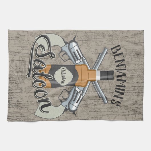 名前をカスタムするカウボーイリボルバーガンウィスキーサロン キッチンタオル (横)